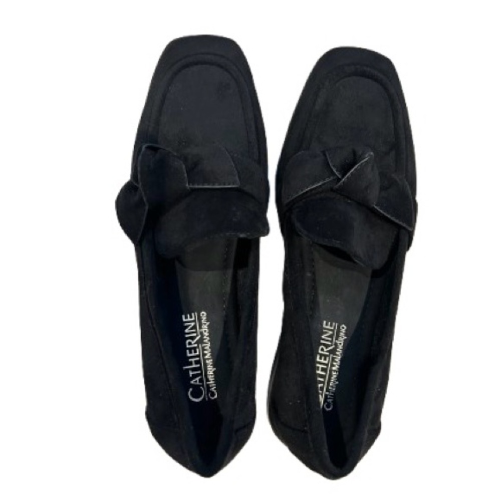 NWT CATHERINE MALANDRINO Women Leather Suede Bow Black Shoes Loafers, Size 8